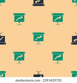 Green and black Presentation board with graph, schedule, chart, diagram, infographic, pie graph icon isolated seamless pattern on beige background.  Vector