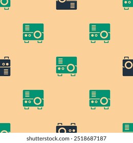 Green and black Presentation, movie, film, media projector icon isolated seamless pattern on beige background.  Vector