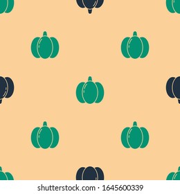 Green and black Pumpkin icon isolated seamless pattern on beige background. Happy Halloween party.  Vector Illustration