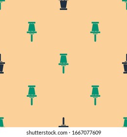 Green and black Push pin icon isolated seamless pattern on beige background. Thumbtacks sign.  Vector Illustration