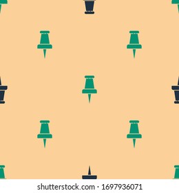 Green and black Push pin icon isolated seamless pattern on beige background. Thumbtacks sign.  Vector Illustration