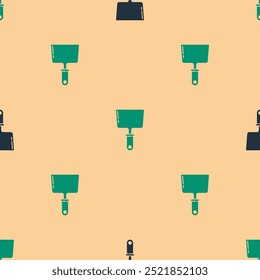 Green and black Putty knife icon isolated seamless pattern on beige background. Spatula repair tool. Spackling or paint instruments.  Vector Illustration