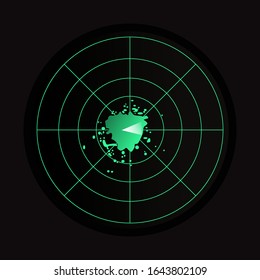 Icono de radar verde y negro aislado en fondo negro.