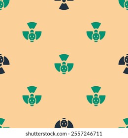 Green and black Radioactive icon isolated seamless pattern on beige background. Radioactive toxic symbol. Radiation hazard sign.  Vector