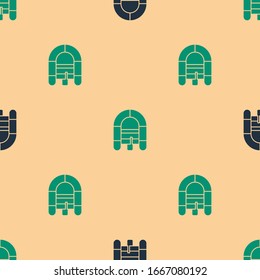 Green and black Rafting boat icon isolated seamless pattern on beige background. Inflatable boat. Water sports, extreme sports, holiday, vacation.  Vector Illustration