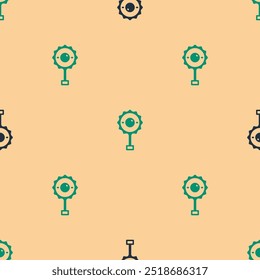 Ícone de brinquedo de bebê Rattle verde e preto isolado padrão sem costura no fundo bege. Sinal de saco de feijão.  Vetor