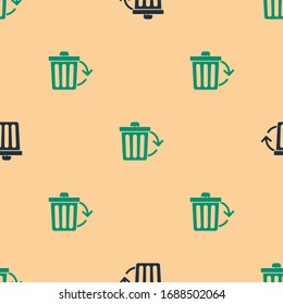 Green and black Recycle bin with recycle symbol icon isolated seamless pattern on beige background. Trash can icon. Garbage bin sign. Recycle basket sign.  Vector Illustration