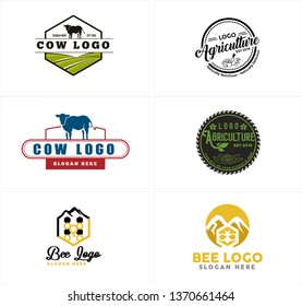 Green black red line art badge logo design cow leaf and mountain bee vector suitable for agriculture plantation maintenance care farmers