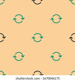 Green and black Refresh icon isolated seamless pattern on beige background. Reload symbol. Rotation arrows in a circle sign.  Vector Illustration