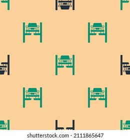 Green and black Repair car on lift icon isolated seamless pattern on beige background. Repair of the underbody, suspension, wheels and engine.  Vector