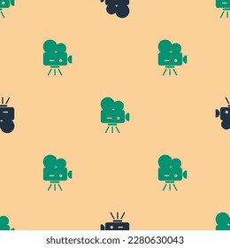 Green and black Retro cinema camera icon isolated seamless pattern on beige background. Video camera. Movie sign. Film projector.  Vector Illustration