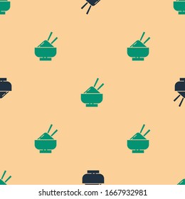 Green and black Rice in a bowl with chopstick icon isolated seamless pattern on beige background. Traditional Asian food.  Vector Illustration