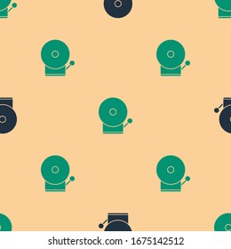 Green and black Ringing alarm bell icon isolated seamless pattern on beige background. Fire alarm system. Service bell, handbell sign, notification symbol.  Vector Illustration