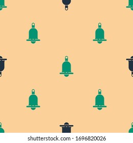 Green and black Ringing bell icon isolated seamless pattern on beige background. Alarm symbol, service bell, handbell sign, notification symbol.  Vector Illustration