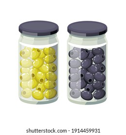 Green and black ripe olives preserved in glass jars, canned olives - vector icon, illustrations in flat design isolated on white background.