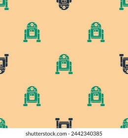 Green and black Robot icon isolated seamless pattern on beige background.  Vector