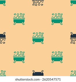 Green and black Romantic in bathroom icon isolated seamless pattern on beige background. Concept romantic date. Romantic Bathroom with heart favorite foam.  Vector