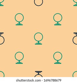 Icono de espejo de maquillaje redondo verde y negro aislado en un patrón transparente en un fondo beige. Ilustración vectorial