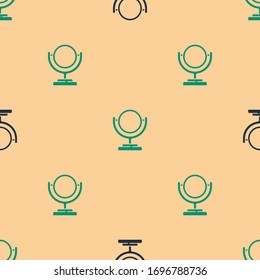 Green and black Round makeup mirror icon isolated seamless pattern on beige background.  Vector Illustration