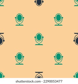 Icono de espejo de maquillaje redondo verde y negro aislado de un patrón sin fisuras en el fondo beige.  Vector