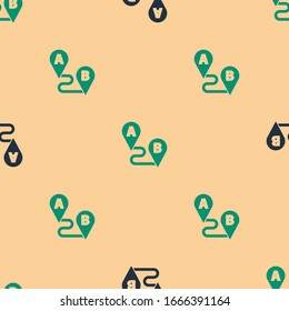 Green and black Route location icon isolated seamless pattern on beige background. Map pointer sign. Concept of path or road. GPS navigator.  Vector Illustration