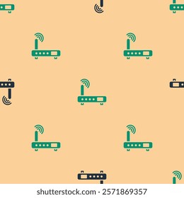 Green and black Router and wi-fi signal icon isolated seamless pattern on beige background. Wireless ethernet modem router. Computer technology internet.  Vector Illustration