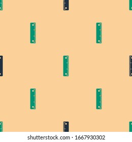 Green and black Ruler icon isolated seamless pattern on beige background. Straightedge symbol.  Vector Illustration