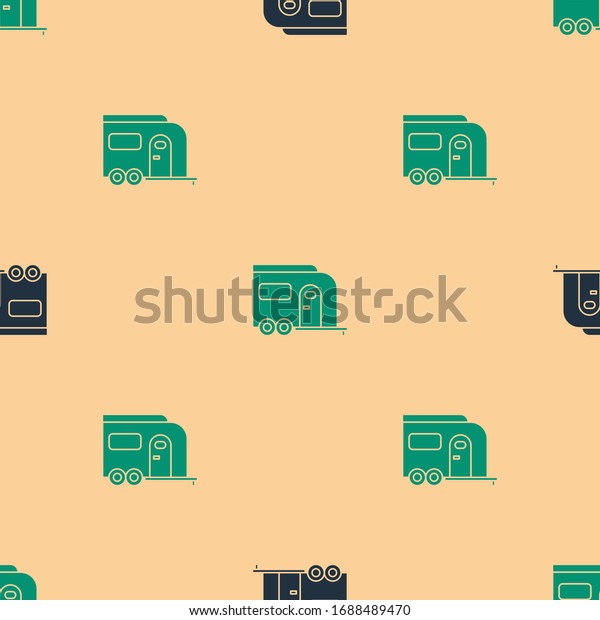 Green and black Rv Camping\
trailer icon isolated seamless pattern on beige background. Travel\
mobile home, caravan, home camper for travel.  Vector\
Illustration