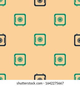 Green and black Safe icon isolated seamless pattern on beige background. The door safe a bank vault with a combination lock. Reliable Data Protection.  Vector Illustration