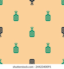 Green and black Sauce bottle icon isolated seamless pattern on beige background. Ketchup, mustard and mayonnaise bottles with sauce for fast food.  Vector