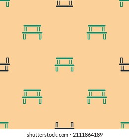 Green and black Sauna wood bench icon isolated seamless pattern on beige background.  Vector