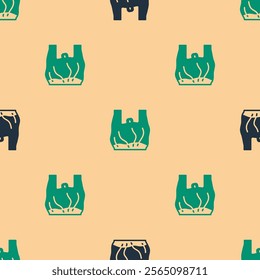 Green and black Say no to plastic bags poster icon isolated seamless pattern on beige background. Disposable cellophane and polythene package prohibition sign.  Vector