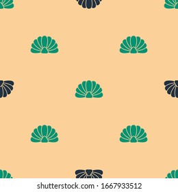 Green and black Scallop sea shell icon isolated seamless pattern on beige background. Seashell sign. Vector Illustration