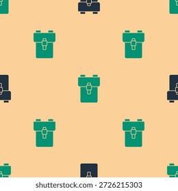 Green and black School backpack icon isolated seamless pattern on beige background.  Vector