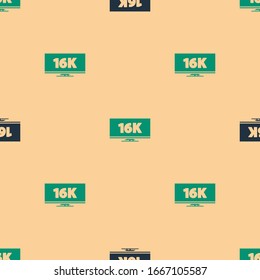 Green and black Screen tv with 16k Ultra HD video technology icon isolated seamless pattern on beige background.  Vector Illustration