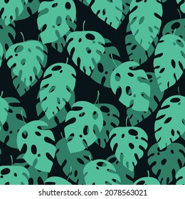 Patrón verde y negro sin costuras con brotes. Ilustración vectorial para tela, textil, papel tapiz, carteles, papel. Impresión de moda. Rama con hojas de monstera. Estilo Doodle.