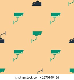 Green and black Security camera icon isolated seamless pattern on beige background.  Vector Illustration