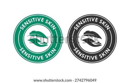 Green and black sensitive skin logo featuring a feather and hand icon. Professional vector stamp for dermatological, organic, and gentle skincare product branding.