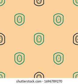 Green and black Shield protecting from virus, germs and bacteria icon isolated seamless pattern on beige background. Immune system concept. Corona virus 2019-nCoV.  Vector Illustration