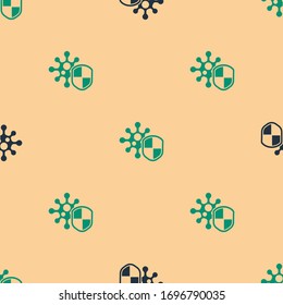 Green and black Shield protecting from virus, germs and bacteria icon isolated seamless pattern on beige background. Immune system concept. Corona virus 2019-nCoV.  Vector Illustration