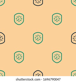 Green and black Shield protecting from virus, germs and bacteria icon isolated seamless pattern on beige background. Immune system concept. Corona virus 2019-nCoV.  Vector Illustration
