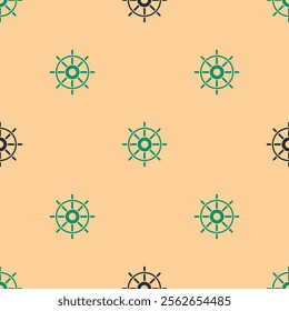 Green and black Ship steering wheel icon isolated seamless pattern on beige background.  Vector Illustration