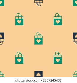 Green and black Shopping bag with heart icon isolated seamless pattern on beige background. Shopping bag shop love like heart icon. Happy Valentines day.  Vector