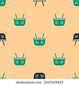Green and black Shopping basket icon isolated seamless pattern on beige background. Online buying concept. Delivery service sign. Shopping cart symbol.  Vector