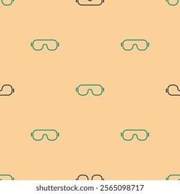 Green and black Ski goggles icon isolated seamless pattern on beige background. Extreme sport. Sport equipment.  Vector