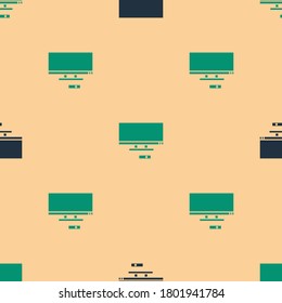 Green and black Smart Tv icon isolated seamless pattern on beige background. Television sign.  Vector Illustration