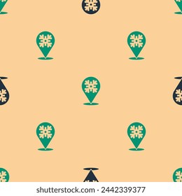 Icono de copo de nieve verde y negro aislado patrón sin fisuras sobre fondo beige. Feliz Navidad y Feliz Año Nuevo.  Vector