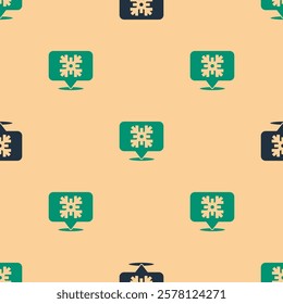 Green and black Snowflake with speech bubble icon isolated seamless pattern on beige background. Merry Christmas and Happy New Year.  Vector