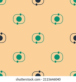 Green and black Solar system icon isolated seamless pattern on beige background. The planets revolve around the star.  Vector