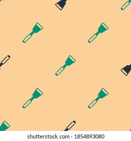 Green and black Spatula icon isolated seamless pattern on beige background. Kitchen spatula icon. BBQ spatula sign. Barbecue and grill tool.  Vector